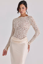 Boat-Neck Long-Sleeve Lace Bodysuit Top with Waist-Drape Satin Skirt Set