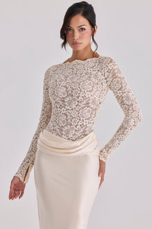 Boat-Neck Long-Sleeve Lace Bodysuit Top with Waist-Drape Satin Skirt Set