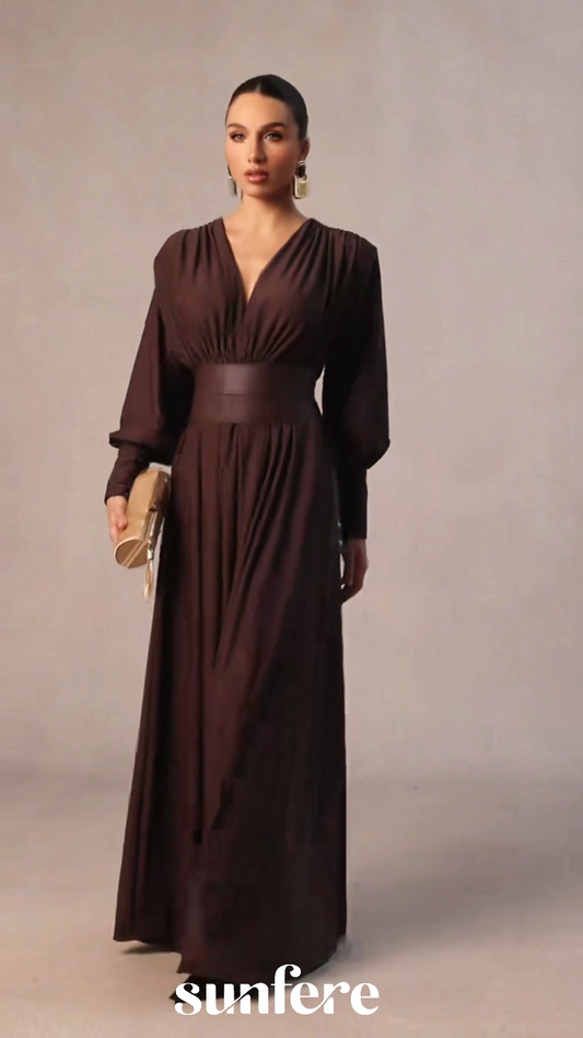 Deep V-Neck Lantern Sleeve Draped Pleated Dress