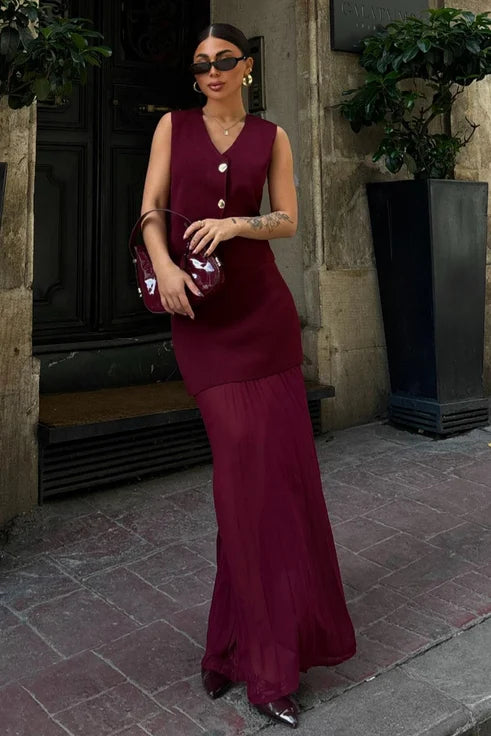 Vest-Style V-Neck Top & Mesh-Panel Skirt Set